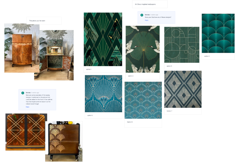 A collage of Art Deco-inspired wallpapers and furniture. The top left features wooden cabinets with intricate designs. Surrounding images show various green, teal, and gold patterned wallpapers labeled as options 1 through 6, with different geometric and floral motifs.