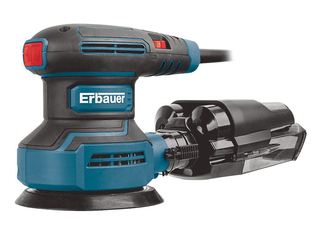 A blue and black Erbauer electric sander with a power cord and dust collection attachment. The device has a red power switch and ergonomic grip. Suitable for smoothing surfaces.