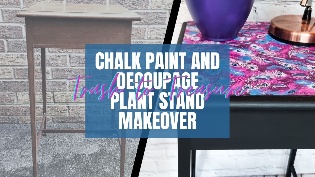 A split image showing a wooden plant stand on the left and a transformed version on the right. The makeover features black chalk paint and a vibrant decoupage top with a colorful feather pattern. Text overlay reads, "Chalk Paint and Decoupage Plant Stand Makeover: Trash to Treasure.