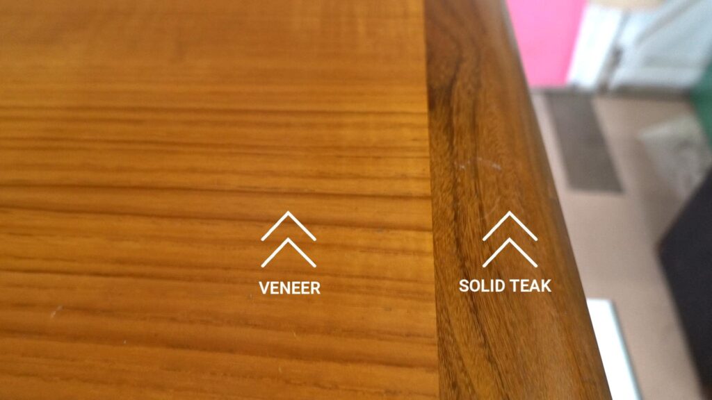 G-Plan Astro Long John coffee table showing veneer part and solid teak part