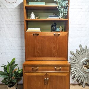 A G-Plan Sierra Tall Teak Bookcase/Drinks Cabinet Mid Century with a cabinet at the bottom and shelves at the top, adorned with various decorative items like books, potted plants, and small statues. A sunburst mirror and a large potted plant sit to the right and left of the cabinet, respectively.