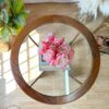 A G-Plan Astro Round Coffee Table Mid-Century Vintage, featuring a wooden frame and a glass top, holds a small bouquet of pink and white roses. The table is positioned on a wooden floor next to a green potted plant and a fluffy beige rug. Sunlight streams in from a nearby window, casting shadows on the floor.