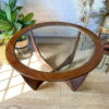 A G-Plan Astro Round Coffee Table Mid-Century Vintage with a wooden base sits on a hardwood floor. Behind it are some green leafy plants on the left and tall beige dried pampas grass on the right. There is a small shelf with miniature decorative items to the right of the table.