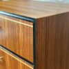 A close-up view of the Exquisite Mid Century MCM Walnut Tallboy 6 Drawers Chest Of Drawers by Meredew showcases a sleek, smooth finish with minimalist design elements. The tallboy features subtle beige lines as decorative accents and a polished surface. In the background, part of a plant is visible. The logo in the top-right corner says "Flip It & Restore It.