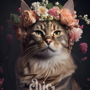 A majestic tabby cat with green eyes, adorned with a crown of colorful roses and baby's breath, gazes confidently forward against a dark background. The text "It's so chic - Furniture" is overlayed at the bottom. This captivating image is featured on our Decoupage Paper | Craft Paper | Floral Cat, available in A1, A2, and A3 sizes from It’s So Chic Furniture Art.