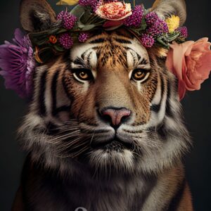 A majestic tiger with a tranquil demeanor dons a striking floral crown adorned with a variety of vivid blooms, including roses and hydrangeas. Below the tiger, the text reads "It’s So Chic Furniture." The dark background accentuates the brilliance of the flowers. This captivating design is featured on our Decoupage Paper, ideal for crafting and decorating, available in sizes A1, A2, and A3 as part of our It’s So Chic Furniture Art collection.