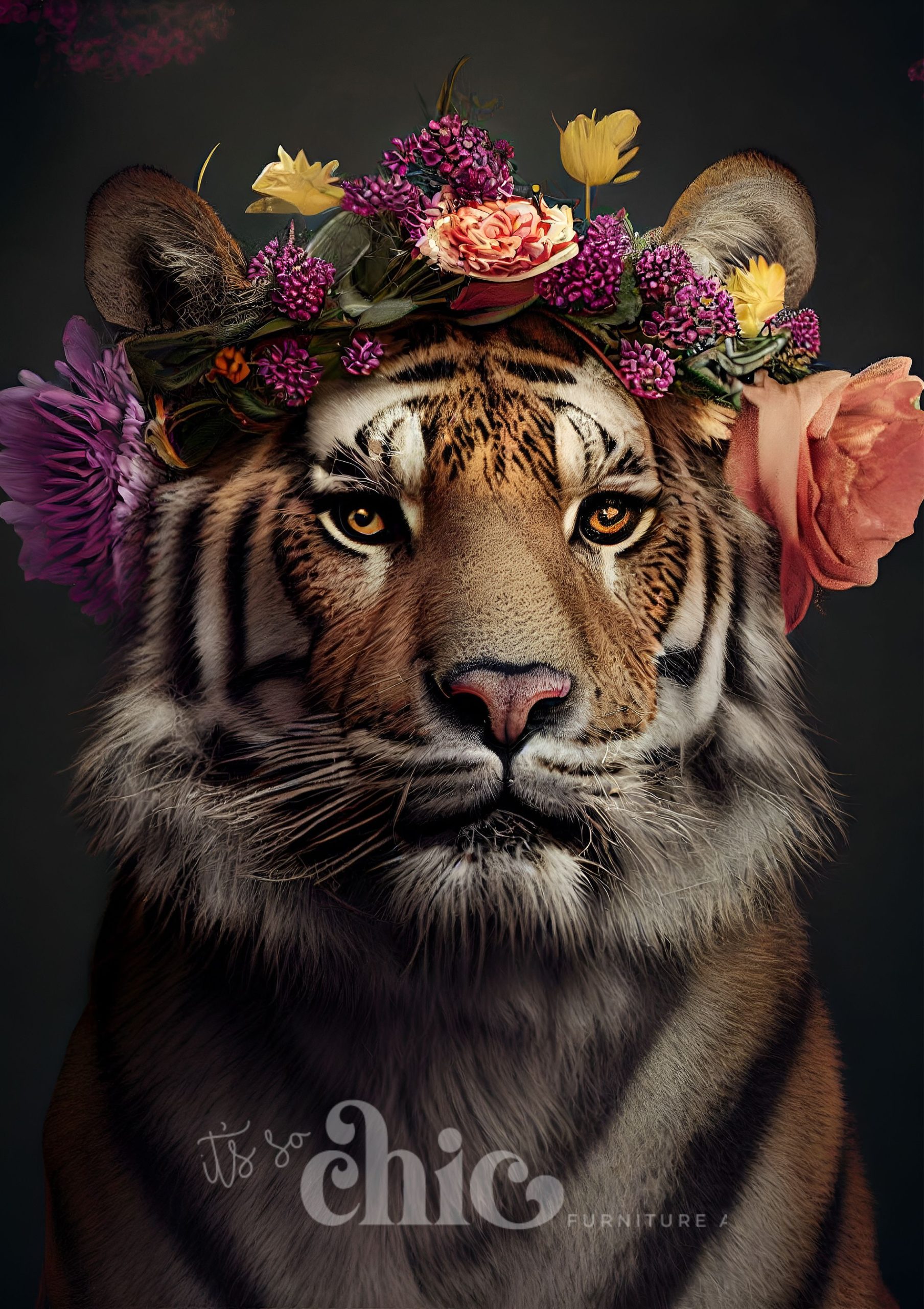 A majestic tiger with a tranquil demeanor dons a striking floral crown adorned with a variety of vivid blooms, including roses and hydrangeas. Below the tiger, the text reads "It’s So Chic Furniture." The dark background accentuates the brilliance of the flowers. This captivating design is featured on our Decoupage Paper, ideal for crafting and decorating, available in sizes A1, A2, and A3 as part of our It’s So Chic Furniture Art collection.