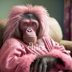 The scene features a monkey with pink fur on its head and adorned in a pink robe, sitting on a sofa and gazing towards the camera. The background reveals part of a curtain embellished with a floral pattern. The entire setting is indoors, and the monkey exudes an air of relaxation. This delightful image captures the essence of "Decoupage Paper | Craft Paper | Queenie | A1/A2/A3" from It’s So Chic Furniture Art.