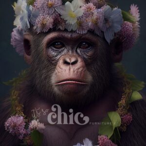 A chimpanzee adorned with a floral crown of various colorful flowers sits against a dark, muted background. The chimpanzee also wears a garland of flowers around its neck, adding a whimsical touch to its serious expression. This captivating image is part of the Decoupage Paper | Craft Paper | Floral Chimp collection by It’s So Chic Furniture Art, and is available in sizes A1, A2, and A3.