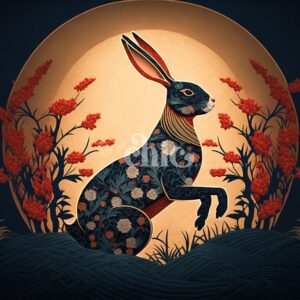 The Decoupage Paper from It's So Chic Furniture Art, titled "Moonlit Floral Hare," showcases an elegant black rabbit embellished with intricate floral patterns. It sits gracefully amid vibrant red flowers, illuminated by a large, golden moon against a dark backdrop, creating a striking contrast and detailed artistic depiction on this A3 craft paper.