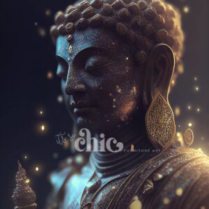 A serene, intricately detailed depiction of the Majestic Buddha with closed eyes and a calm expression. The artwork is adorned with ornate jewelry and illuminated by soft, warm lighting, with glowing particles surrounding it. The text “It’s So Chic Furniture Art” is overlaid on the Buddha.