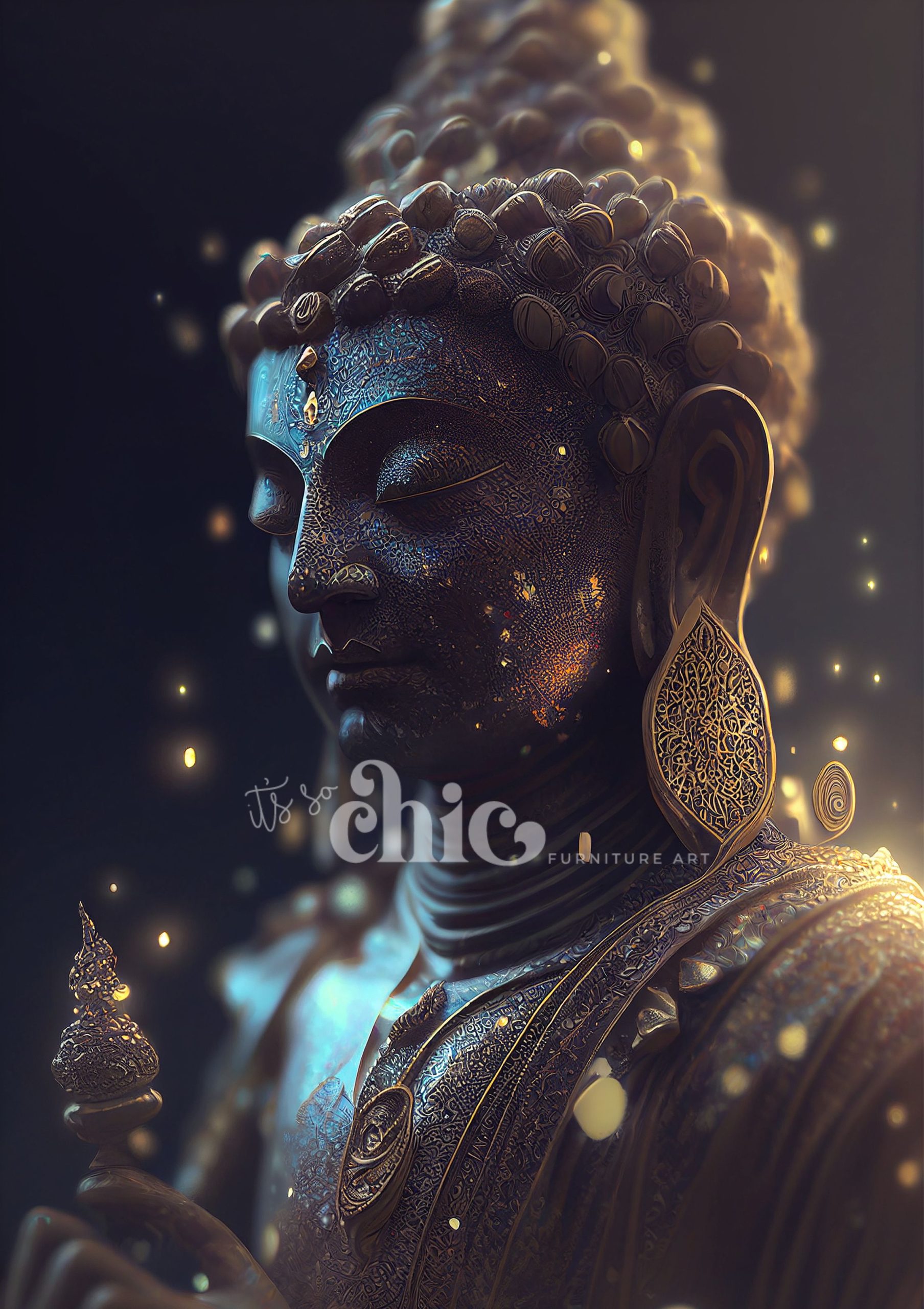 A serene, intricately detailed depiction of the Majestic Buddha with closed eyes and a calm expression. The artwork is adorned with ornate jewelry and illuminated by soft, warm lighting, with glowing particles surrounding it. The text “It’s So Chic Furniture Art” is overlaid on the Buddha.