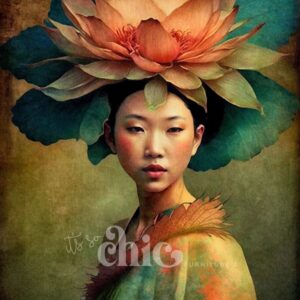 A digital painting from the "Woman of the World 7" collection features a person with a serene expression wearing an elaborate lotus flower headpiece. The textured, earthy-toned background highlights the cursive words "It's so chic" across the lower part of this stunning piece, crafted beautifully on Decoupage Paper for It’s So Chic Furniture Art. Available in A1, A2, and A3 sizes.