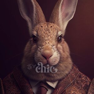 The Decoupage Paper | Craft Paper featuring Master Harebert, available in A1/A2/A3 sizes from It’s So Chic Furniture Art, depicts a digitally rendered rabbit dressed in an intricate, patterned brown suit jacket and a maroon tie. The rabbit's ears stand upright as it gazes directly ahead, with a dark background emphasizing the detailed texture of its fur and clothing.