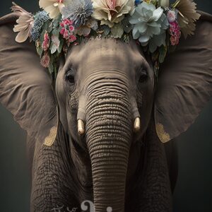 A young elephant decorated with an intricately designed floral crown in beige, pink, and blue hues stands against a dark background. The image is enhanced by the stylish white text "It's So Chic Furniture" at the bottom, beautifully showcasing the essence of the Floral Elle Decoupage Paper from It's So Chic Furniture Art.