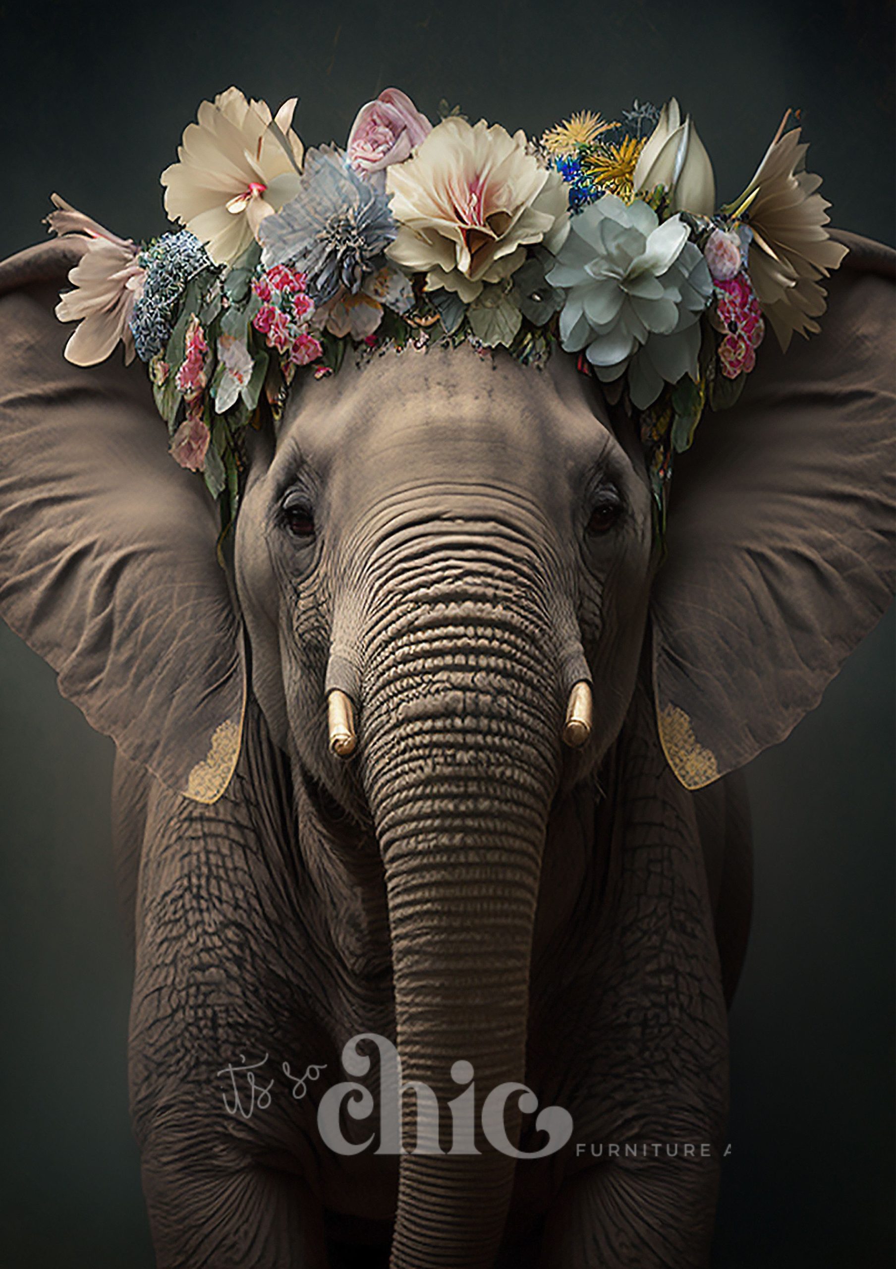 A young elephant decorated with an intricately designed floral crown in beige, pink, and blue hues stands against a dark background. The image is enhanced by the stylish white text "It's So Chic Furniture" at the bottom, beautifully showcasing the essence of the Floral Elle Decoupage Paper from It's So Chic Furniture Art.