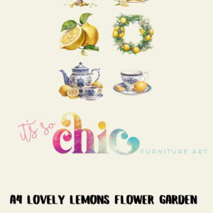 An illustration titled "It’s So Chic Furniture Art" showcases lemon trees, flowers, lemons with leaves, and a tea set adorned with blue floral patterns. Text at the bottom reads "Decoupage Paper | Craft Paper | Lovely Lemons Flower Garden | A4 Mulberry.