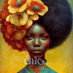 A detailed, vibrant illustration of a woman with dark skin and a large afro adorned with bright, colorful flowers on decoupage paper titled "Woman of the World 5". The background features warm gradients of yellow and green. Text in the foreground reads "It's so chic. Furniture." Available in A1, A2, and A3 sizes as part of the It’s So Chic Furniture Art collection.