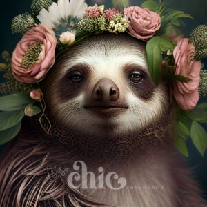 A sloth, crowned with vibrant pink and white flowers, relaxes against a dark backdrop. The serene creature's image is complemented by the text "It’s So Chic Furniture Art" at the bottom.