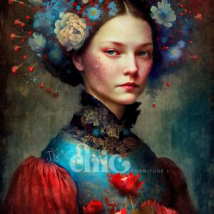 A woman with a serious expression is depicted wearing a stylish blue dress adorned with a detailed high collar and striking red sleeves. She has an elaborate floral headdress featuring large blue and red blooms and holds a bouquet of red flowers. The image, captured in the "Decoupage Paper | Craft Paper | Woman of the World 6" by It’s So Chic Furniture Art, exudes a painterly, surreal quality. Available in A1/A2/A3 sizes.