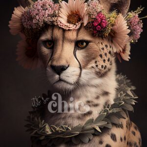 A cheetah, beautifully accented with a vibrant flower crown and leafy necklace, gazes serenely to the side. The flower crown showcases a delightful mix of pink, purple, and white blossoms. Set against a dark background that highlights the cheetah and its floral adornments spectacularly, this scene is captured perfectly in the "Floral Cheetah" decoupage paper from It’s So Chic Furniture Art. Available in A1, A2, and A3 sizes for all your crafting needs.