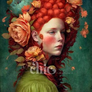 A serene woman with vibrant red hair styled in an elaborate updo adorned with large, colorful flowers, including orange and blue blooms, gazes forward while wearing a green garment. The deep green background enhances the sophisticated ambiance. The text "It’s So Chic Furniture Art" appears prominently.