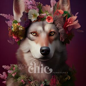 A wolf with a gentle expression is adorned with a vibrant flower crown featuring pink, purple, and white flowers against a background gradient of deep purple and pink. The image contains the text "It’s So Chic Furniture." This design is featured on the Decoupage Paper available in sizes A1, A2, and A3 from It’s So Chic Furniture Art.