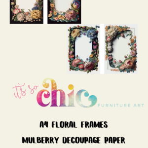 A4 sheet with two floral frame designs on mulberry decoupage paper, featuring intricate flowers surrounding oval-shaped openings. The text "It’s So Chic Furniture Art" is below the frames, followed by "Decoupage Paper | Craft Paper | Floral Frames (2 different designs in the pack) | A4 Mulberry | It’s So Chic Furniture Art".