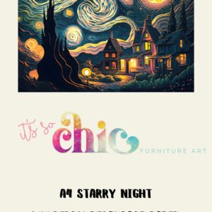 A digital illustration resembling Van Gogh's Starry Night, titled "Decoupage Paper | Craft Paper | Starry Night," features swirling night skies above whimsical houses and trees. Accompanied by the text "It's So Chic Furniture Art" in colorful, stylized typography below the image, this artwork is printed on Mulberry A4 paper.