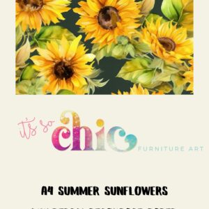 An A4 decoupage sheet boasts a vibrant sunflower design set against a dark background. At the bottom, the text reads "It's So Chic Furniture Art" with "A4 Summer Sunflowers Mulberry Decoupage Paper" prominently written in bold, black letters.