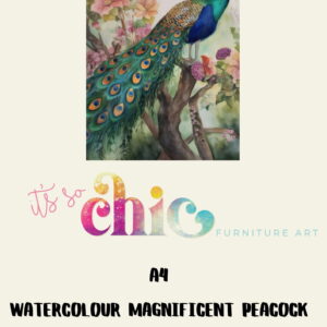 A watercolour illustration of a peacock perched on a tree branch, surrounded by flowers. Text reads "Decoupage Paper | Craft Paper | Watercolour Magnificent Peacock | A4 Mulberry | It’s So Chic Furniture Art" in distinctive fonts.