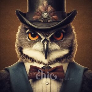 An owl with piercing orange eyes is dressed in a sophisticated outfit, including a top hat adorned with a feather and a pocket watch, a white shirt, a blue jacket, and a brown bow tie. The background is a warm brown with a subtle pattern.