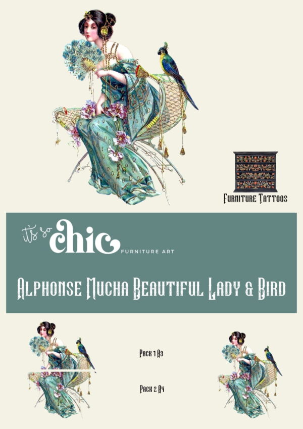 Illustration of a woman in an elegant green dress sitting on a flower-adorned chair, holding a floral bouquet. A colorful bird perches on the chair. Text reads, “It’s So Chic Furniture Art. Alphonse Mucha Beautiful Lady & Bird. Furniture Tattoos | Transfers | Colourful Butterflies | 2 sizes.”