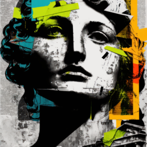 A digital collage showcasing a grayscale statue’s face combined with colorful, abstract elements in blue, yellow, and orange hues. The text "it's so chic" is superimposed on the image, while a section of a classical building can be seen in the bottom right corner. This piece is part of the Decoupage Paper | Craft Paper | Antique Statue | A1/A2/A3 collection titled "It’s So Chic Furniture Art.