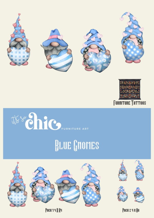 An illustration featuring a group of blue gnomes with assorted hat patterns, some holding decorated eggs. The text highlights "Furniture Tattoos," "Blue Gnomes," and "It's so Chic." Below, smaller gnome images are accompanied by the text "Pack 1 4 x A4" and "Pack 2 4 x A6.