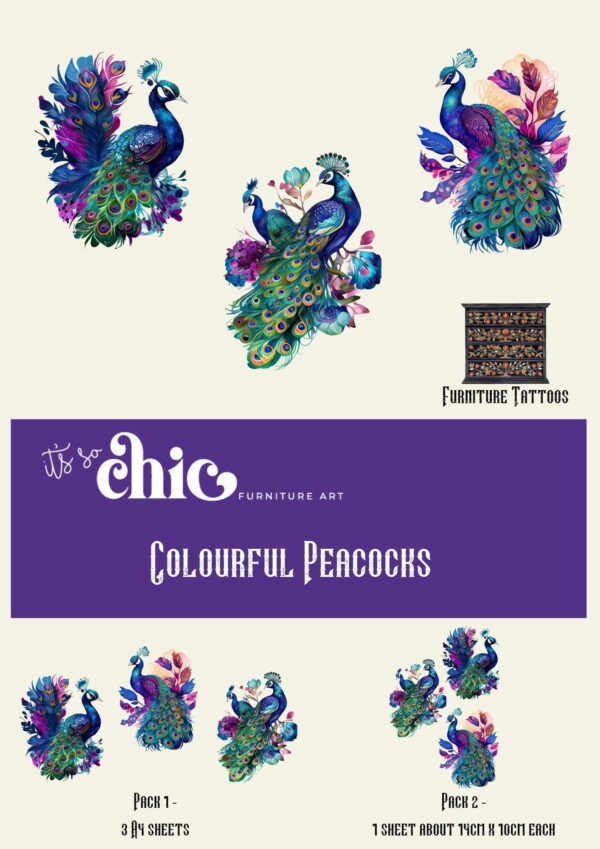 An image showcasing a variety of vibrant butterfly artwork in different designs. Text reads "It's So Chic Furniture Art," "Colourful Butterflies," "Pack 1 - 3 A4 sheets," and "Pack 2 - 1 Sheet about 27cm x 10cm Each." There is also an image of a decorated furniture piece labeled "Furniture Tattoos | Transfers.