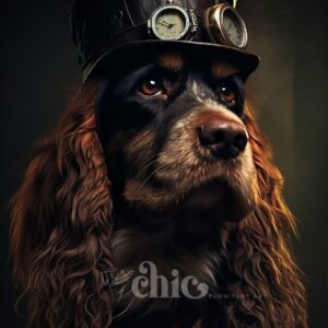 A dog with long, wavy fur is featured wearing a leather steampunk hat adorned with goggles and an antique watch. The dog gazes into the distance against a dark, moody background, exuding a sense of elegance and sophistication on the Decoupage Paper | Craft Paper | Steampunk Cocker | A1/A3 by It’s So Chic Furniture Art.