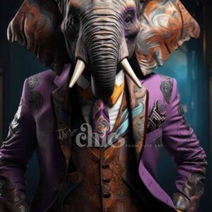 The "Steampunk Cocker" decoupage paper from It's So Chic Furniture Art features a humanoid elephant figure standing confidently in a sophisticated purple suit adorned with intricate patterns. The seamless integration of the elephant's trunk, tusks, and ears with the attire creates a unique fusion of human and animal features against an elegant, dark backdrop. Available in A1/A3 sizes, this craft paper is perfect for adding a chic touch to any furniture art project.