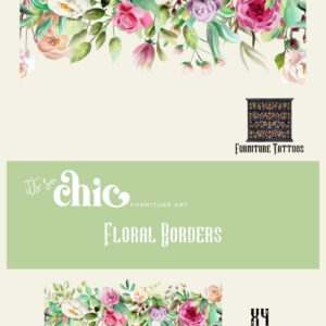 An image showcasing a decorative flyer for It's So Chic Furniture Art's 'Colorful Butterflies' Furniture Tattoos. The flyer highlights vibrant butterfly designs, indicating that the transfers are available in two sizes and come in packs of four.