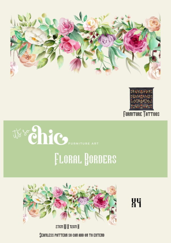 An image showcasing a decorative flyer for It's So Chic Furniture Art's 'Colorful Butterflies' Furniture Tattoos. The flyer highlights vibrant butterfly designs, indicating that the transfers are available in two sizes and come in packs of four.