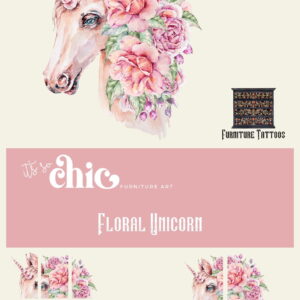 A product titled "Furniture Tattoos | Transfers | Colourful Butterflies" by It’s So Chic Furniture Art features a main image of a watercolor unicorn adorned with pink and purple flowers. Included are furniture tattoo pack dimensions: Pack 1 - 152cm H x 94cm W, Pack 2 - 28cm H x 28cm W, and an illustration of a piece of furniture.