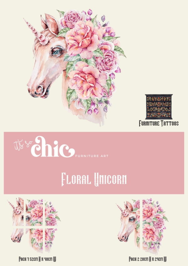 A product titled "Furniture Tattoos | Transfers | Colourful Butterflies" by It’s So Chic Furniture Art features a main image of a watercolor unicorn adorned with pink and purple flowers. Included are furniture tattoo pack dimensions: Pack 1 - 152cm H x 94cm W, Pack 2 - 28cm H x 28cm W, and an illustration of a piece of furniture.