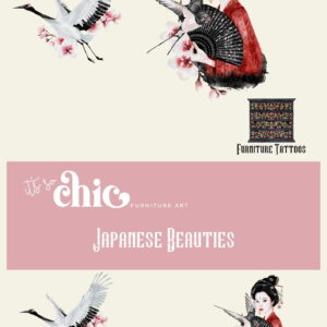 Promotional image for "It's So Chic Furniture Art" featuring their "Colourful Butterflies" collection of furniture tattoos and transfers. The design includes elegant illustrations of butterflies, offered in two sizes. There's a small furniture tattoo design in the top right corner.