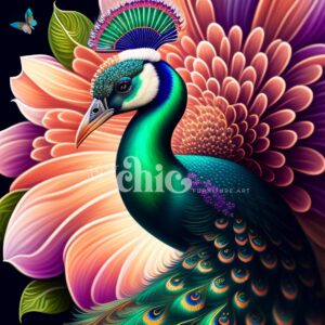 Here's an example of a vibrant illustration featuring a peacock with its colorful, fanned-out tail. The majestic bird stands proudly in front of an intricately designed oversized flower, while glowing butterflies flutter around. This detailed artwork, available on our "Decoupage Paper | Craft Paper | Spotty Dog | A1/A2/A3" by It’s So Chic Furniture Art, showcases the rich and vivid colors and textures of both the peacock and the flower beautifully.