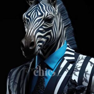 A surreal image features a zebra head on a human body dressed in a stylish, striped suit. The black and white stripes of the zebra's fur blend seamlessly with the suit's design. The figure stands against a dark background, creating a striking and artistic visual, perfect for "Decoupage Paper | Craft Paper | African Tribal Decoupage | A1/A2/A3" from It’s So Chic Furniture Art.