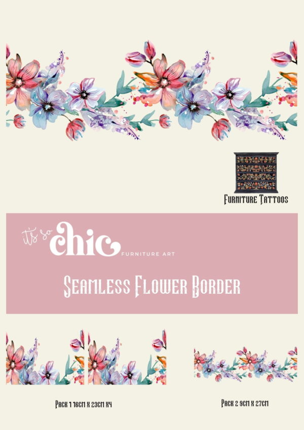 An advertisement for It's So Chic Furniture Art's colorful butterfly tattoos. The design features vibrant, illustrated butterflies with delicate details. The ad showcases two packs of different sizes and a small graphic illustrating the sleek transformation on furniture.