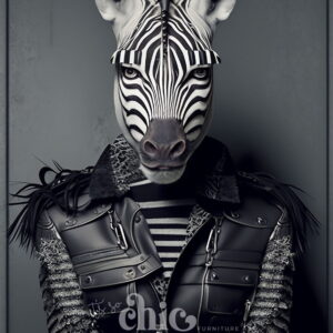 A stylized anthropomorphic zebra stands against a gray background, donning a black leather jacket with metallic accents and feathers over a striped shirt. The phrase "It's So Chic Furniture Art" is visible at the bottom of the image, highlighting its African Tribal Decoupage design on high-quality craft paper available in A1, A2, and A3 sizes.