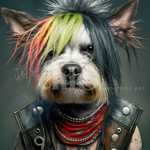 A dog with a punk hairstyle featuring fur dyed in bold spikes of black, green, and orange. The pup sports a black leather vest adorned with studs and a striped red and black bandana against a greenish gradient background – an edgy design captured on the "Decoupage Paper | Craft Paper | Punk Dog | A1/A2/A3" from It’s So Chic Furniture Art.