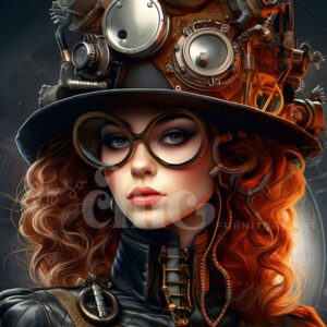 A woman with curly red hair dons steampunk-inspired attire, featuring an intricate metallic hat embellished with gears, gauges, and tubes. She wears distinctive round glasses and exudes a confident expression against a backdrop of mechanical elements, reminiscent of the "Steampunk Cocker" design from It's So Chic Furniture Art's Decoupage Paper collection.