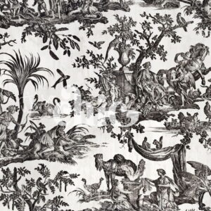 Introducing the Decoupage Paper | Craft Paper | Spotty Dog | A1/A2/A3 by It’s So Chic Furniture Art – a black and white toile de Jouy fabric pattern showcasing people, animals, and trees. The characters are seen playing musical instruments, harvesting crops, and relaxing amidst intricate designs featuring lush foliage and detailed scenery. Perfect for any crafting project!